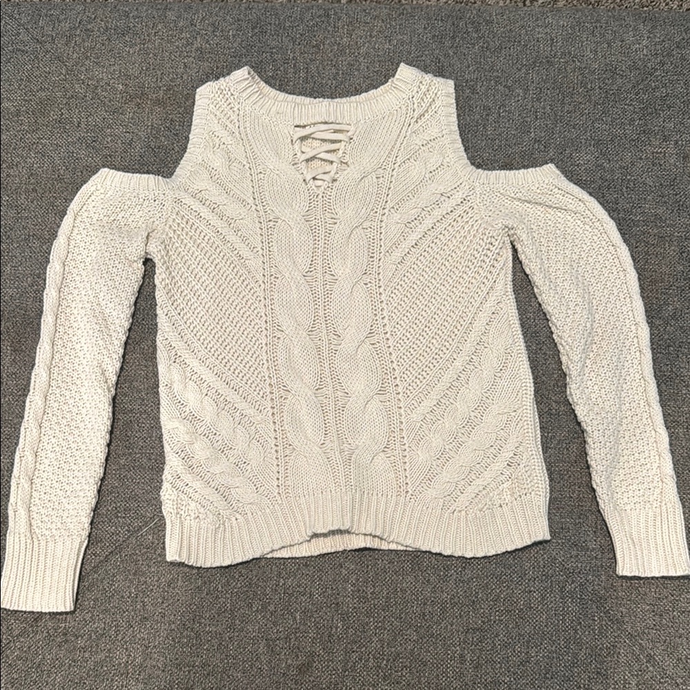 Aeropostale Cream Off-the-Shoulder Sweater with Lace-Up Detail